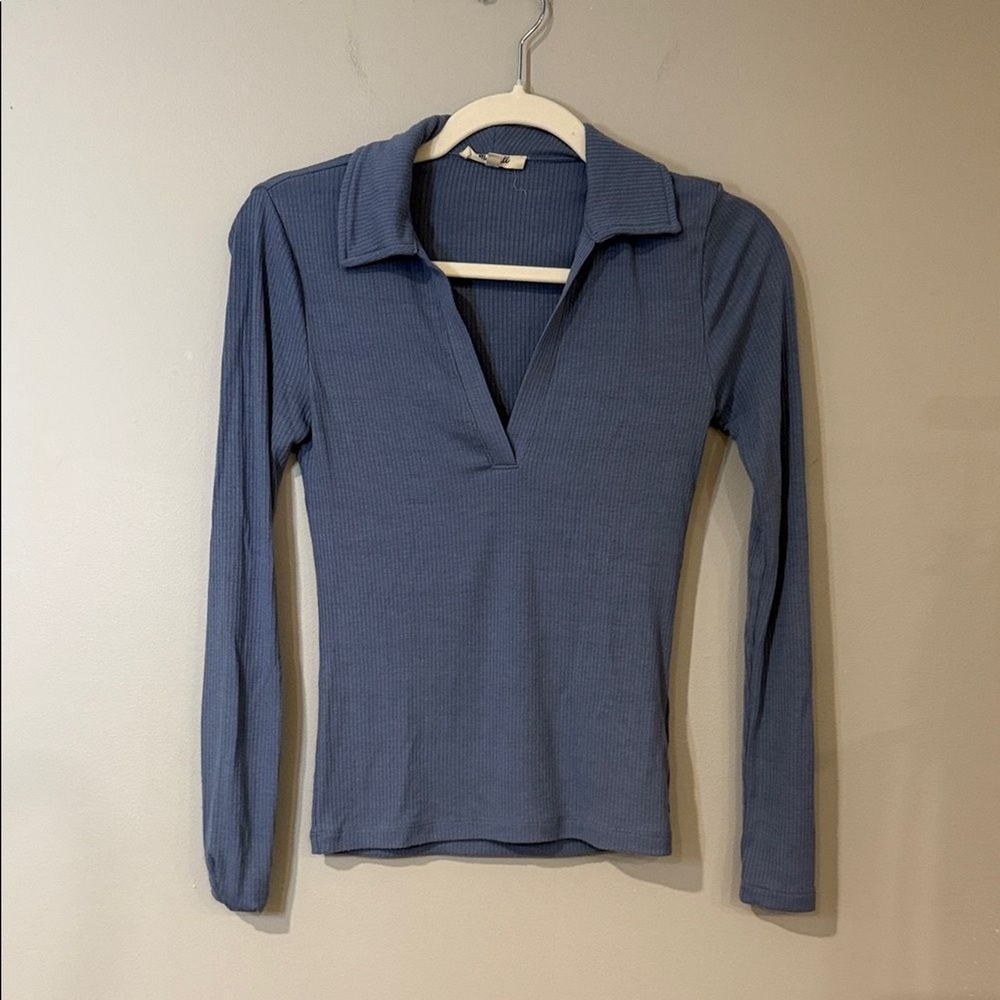 Madewell Drapey rib long sleeve polo top light dusty sky blue with collar